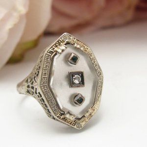 Art Deco 10k Gold Rock Crystal Diamond And Emeral… - image 1